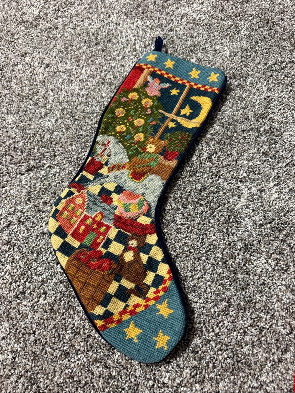 Vintage wool handcrafted needlepoint Christmas stocking by C & F